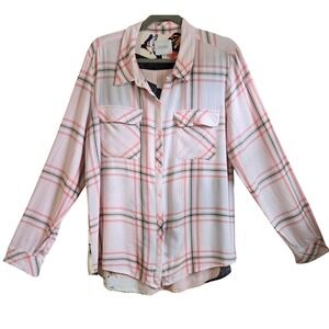 Guess Los Angeles Chic Pink Plaid Mixed Media Floral Bird Graphic Back Shirt XL